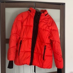 Red puffer ski jacket